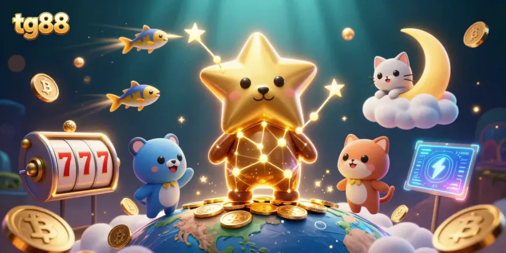 Experience the magic of tg88 as a constellation bear scoops up coins, infused with vibrant casino elements.