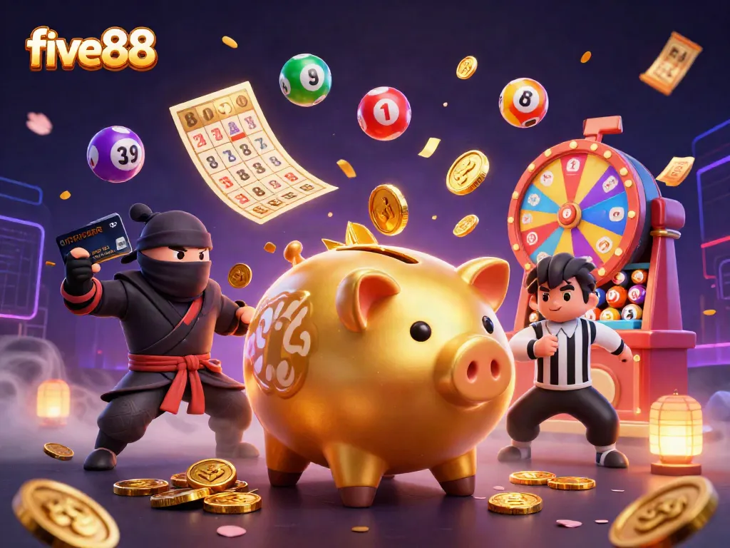 Engage with five88's dynamic online casino scene featuring vibrant characters and exciting game elements.
