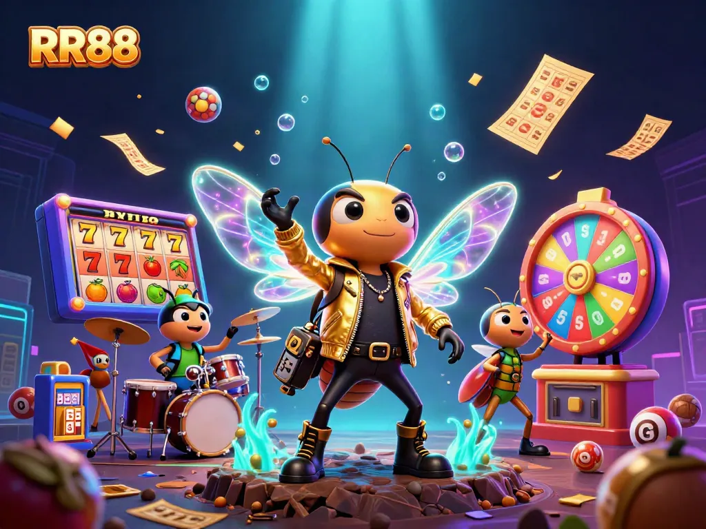 Engage with RR88's vibrant casino world featuring animated rock star characters and colorful slot elements.
