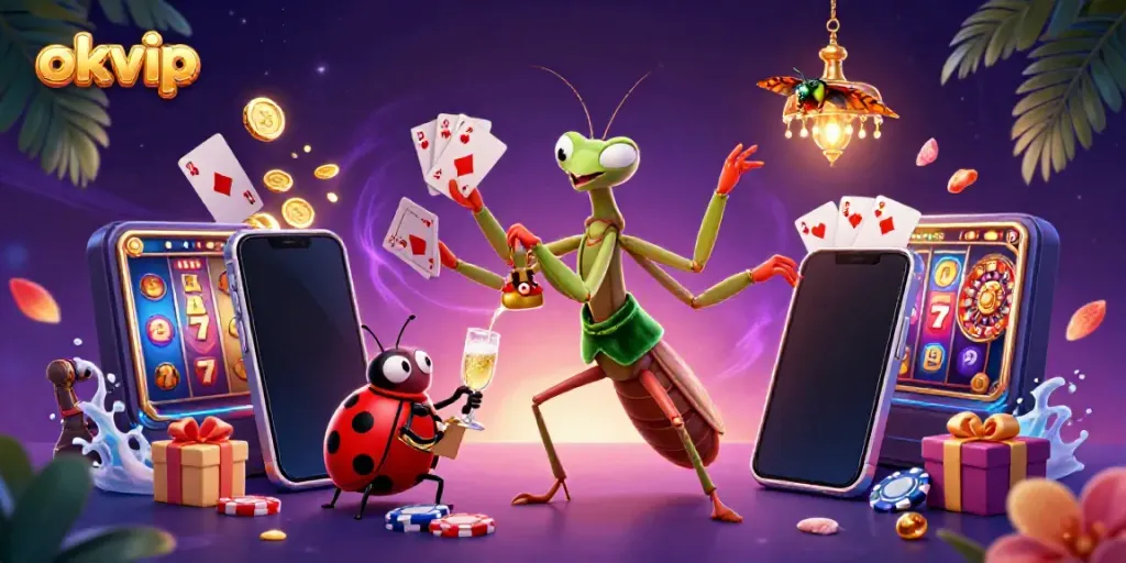 Experience dynamic casino action with the okvip characters using cards, chips, and slot games.