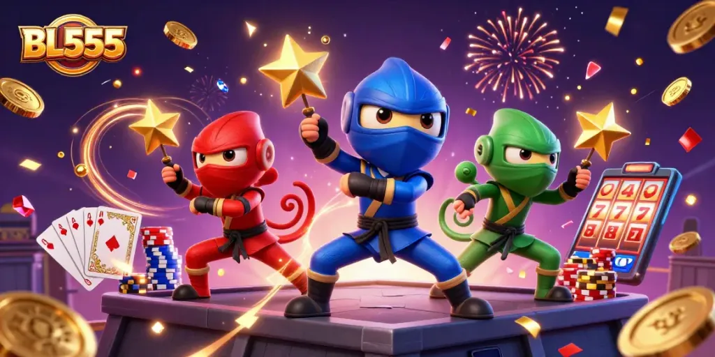 Experience thrilling gameplay with the BL555 ninja chameleon team in a vibrant casino scene.