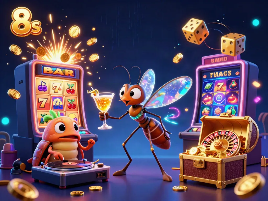 Engage with 8s-themed casino excitement featuring a unique frozen-in-amber mosquito mascot and vibrant game elements.