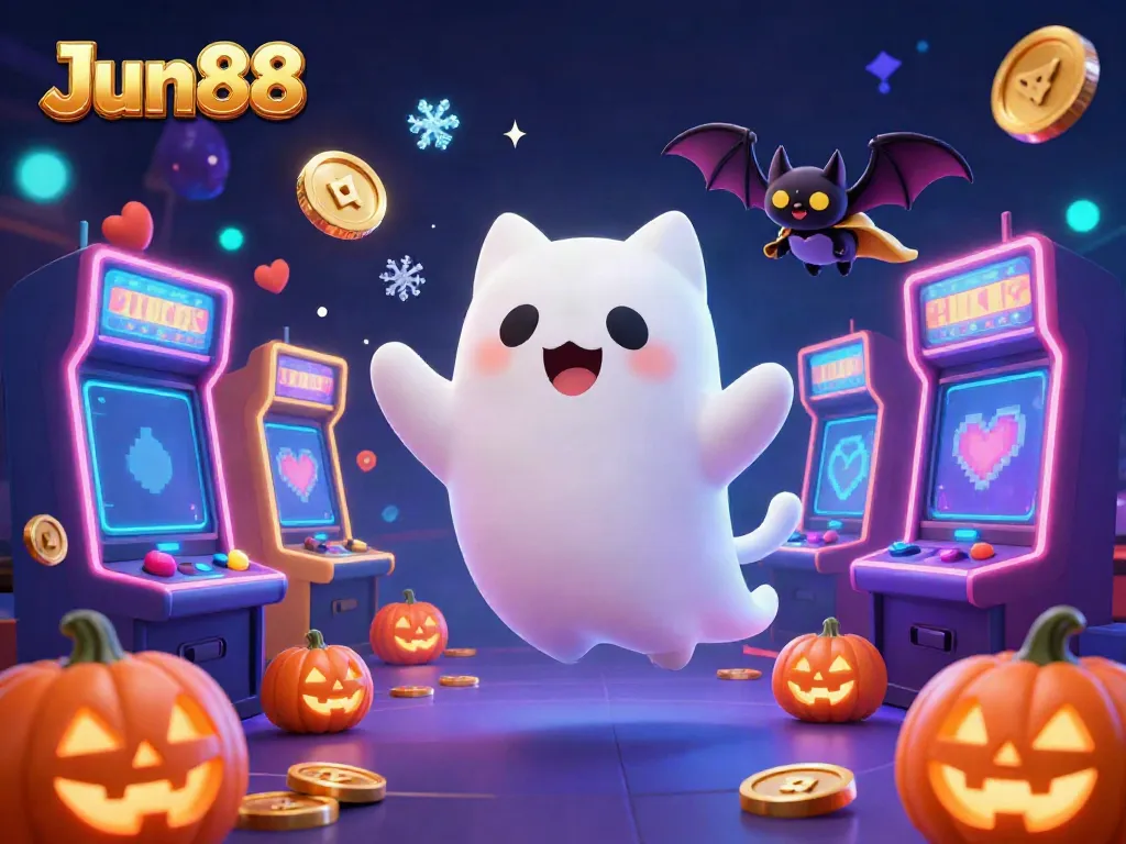 Experience the thrilling Jun88 casino adventure with a floating ghost cat, vibrant games, and spooky decor.