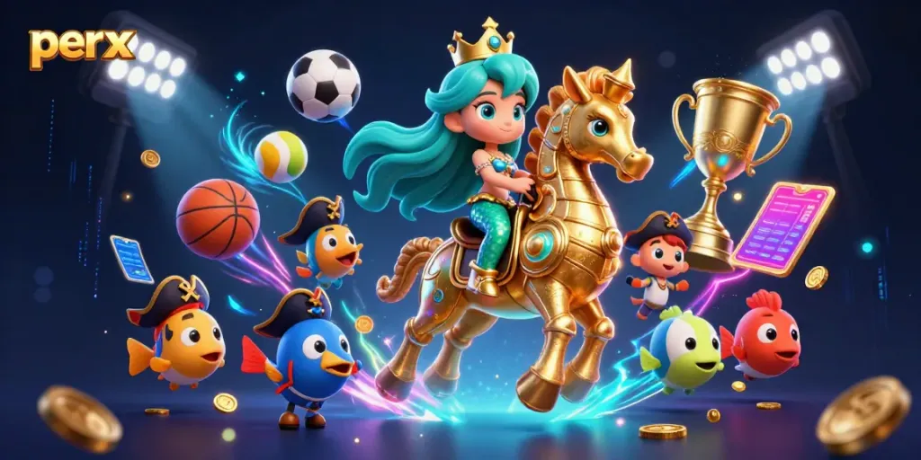 Engage with exciting games at perx while visualizing a vibrant casino scene with mermaids and seahorses.