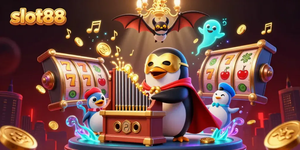 Slot88 menghadirkan suasana kasino yang meriah dengan penguin opera dan elemen slot memukau.