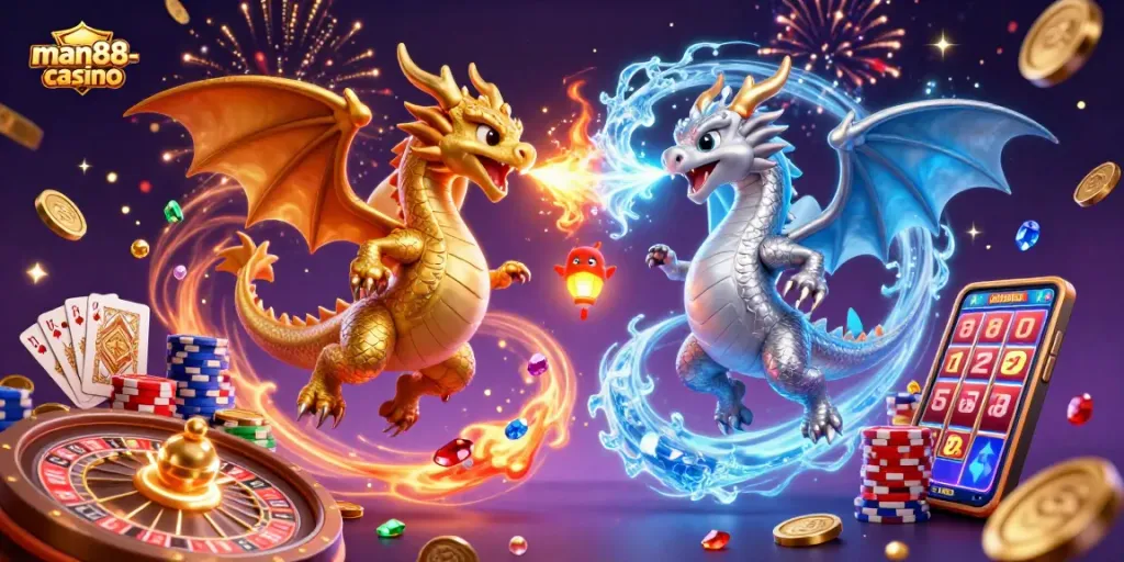 Experience thrilling gambling with the man88-casino dragons battling across dynamic casino elements.