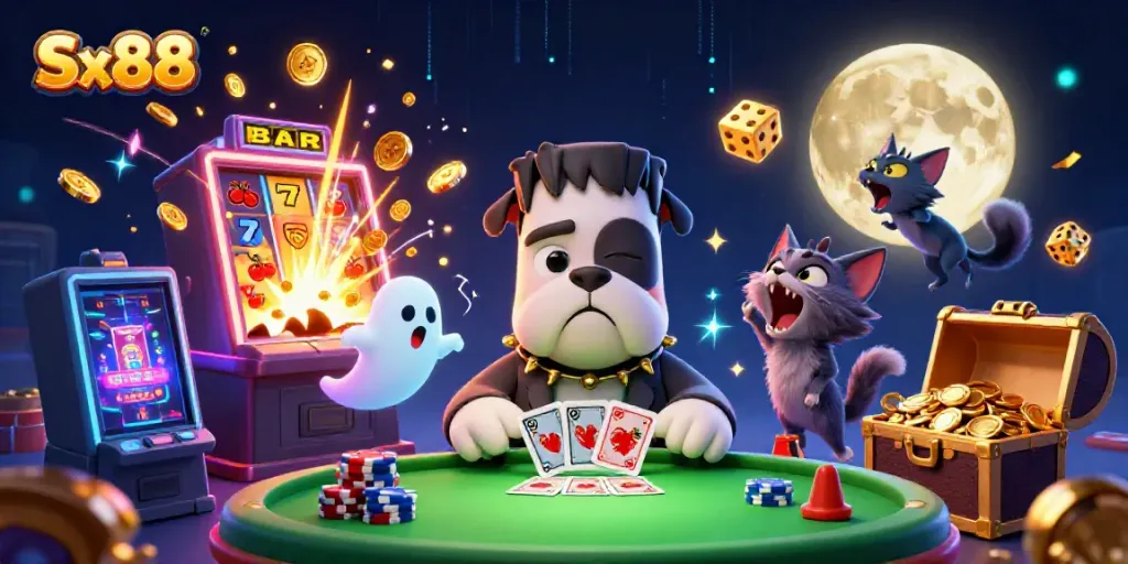 Experience the thrill of Sx88 with a vibrant 3D casino illustration showcasing a playful monster dealing cards.