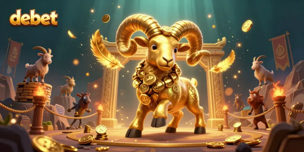 Engage with debet's thrilling gaming atmosphere featuring a charging golden ram and festive betting elements.