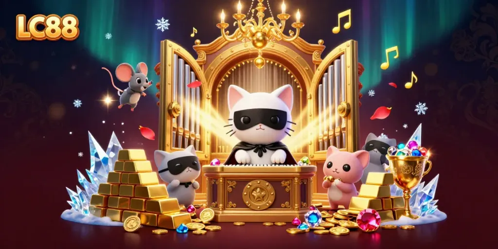 Experience the vibrant gaming world of LC88 with 3D casino characters amidst treasures and excitement.
