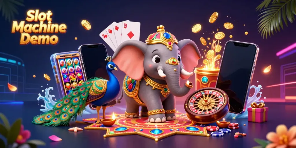 Experience the Slot Machine Demo with vibrant characters, colorful slots, and festive elements in a dynamic 3D scene.