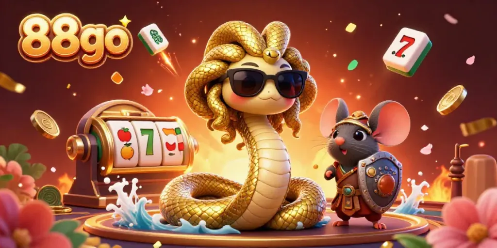 Experience thrilling gameplay at 88go with Medusa and a warrior mouse amid vibrant casino elements.