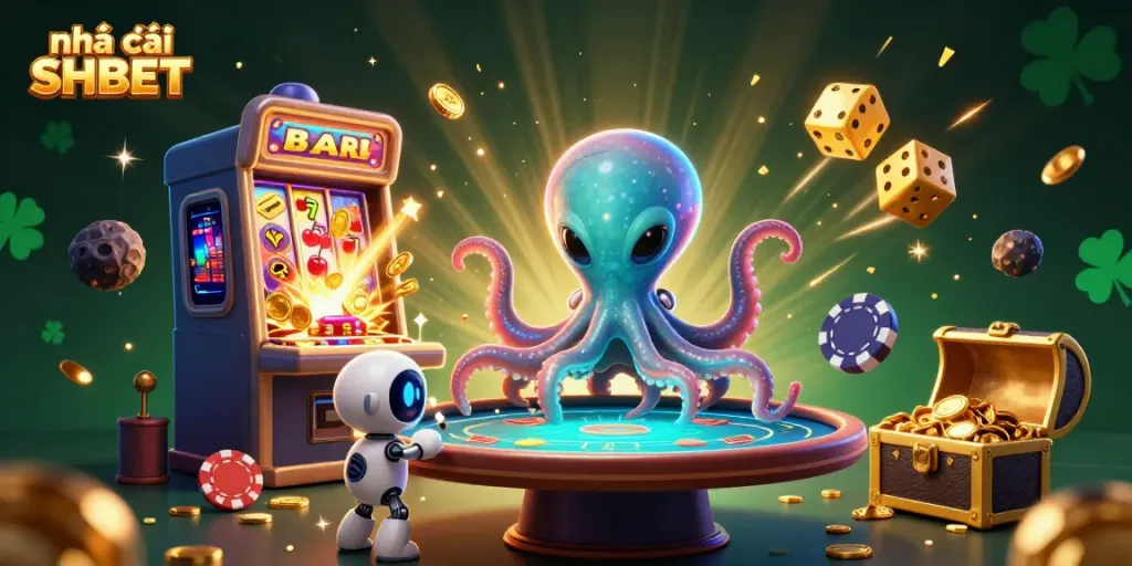 Experience the vibrant world of Nhà cái SHBET with an alien octopus and robot in a thrilling casino scene.