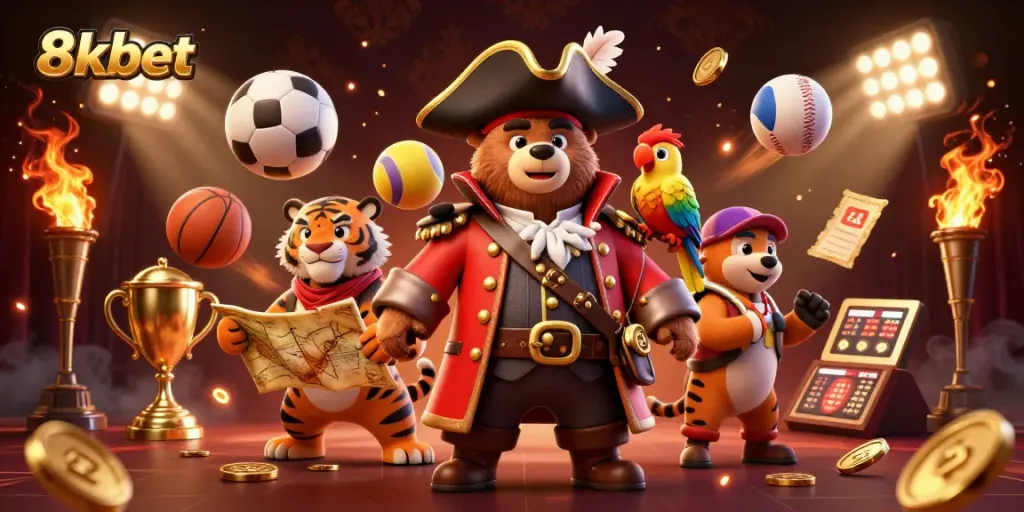 Engage with 8xbet's thrilling games as a pirate captain and his crew celebrate winning bets!