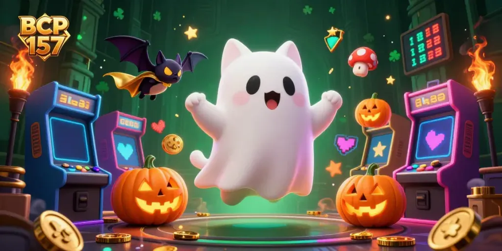 Engaging BCP 157 scene with a ghost cat and vampire bat among casino elements, glowing jack-o-lanterns.