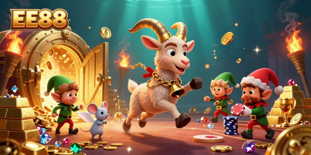 Experience excitement at EE88's lively casino with playful characters and gold treasures.