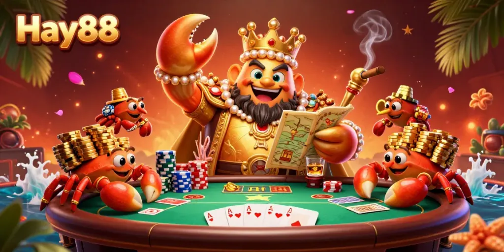 Experience thrilling gameplay with Hay88's golden crab emperor in an energetic casino scene.