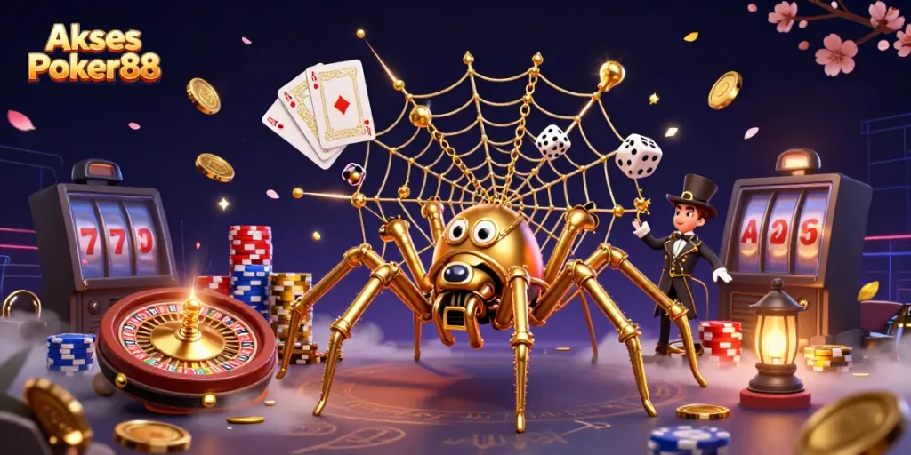 Engage with Akses Poker88 through a 3D illustration of a steampunk spider and Victorian fly gentleman in a vibrant casino scene.