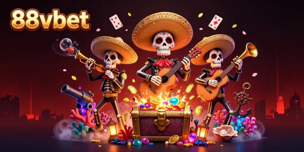 Reveal your luck at 88vbet with a vibrant Day of the Dead mariachi band illustration.