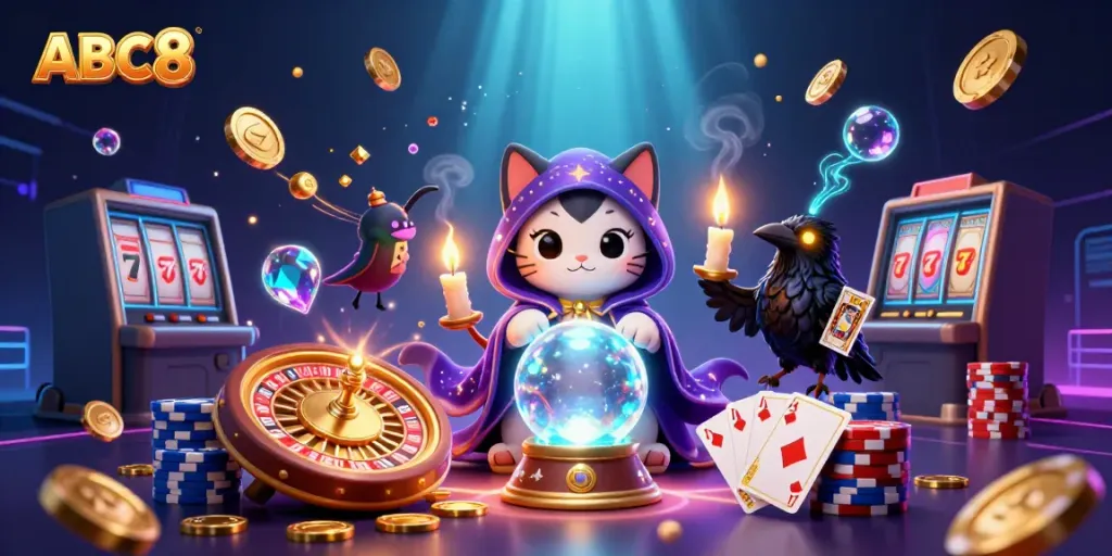 Experience the thrill of ABC8 casino with a vibrant, mystical scene featuring games and symbols of chance.