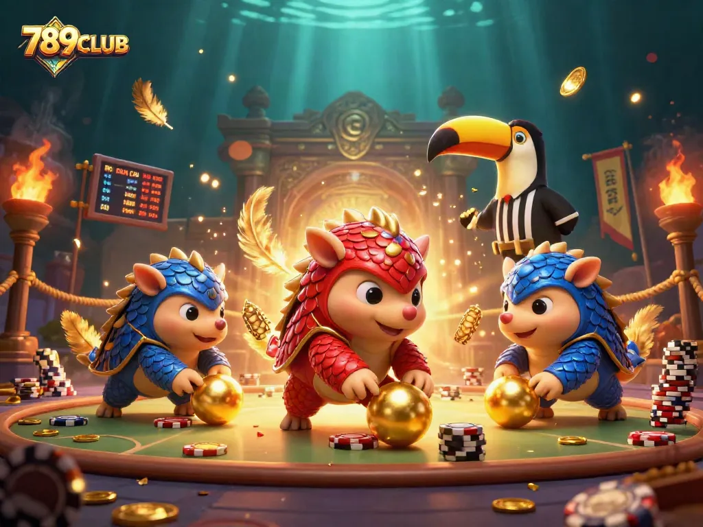 Experience thrilling gameplay at 789CLUB with pangolins and poker chips in a stunning 3D illustration.