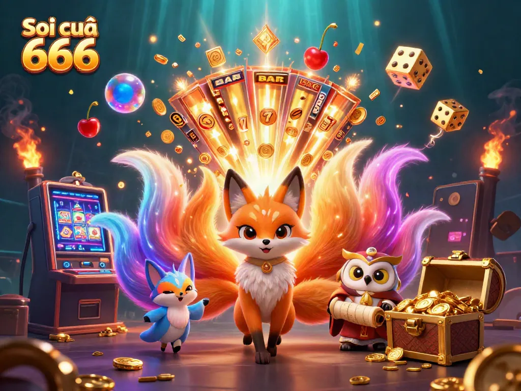Soi cầu 666 vibrant illustration showcasing a fox spirit and owl sage amidst dynamic casino game elements.