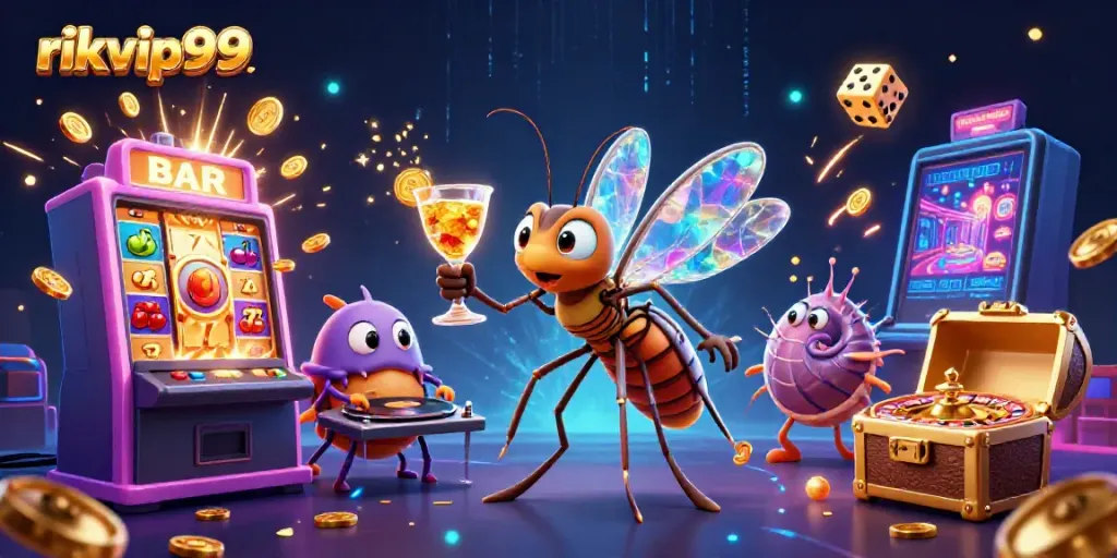Experience the excitement of rikvip99 with a vibrant 3D illustration of casino mascots and gaming elements.