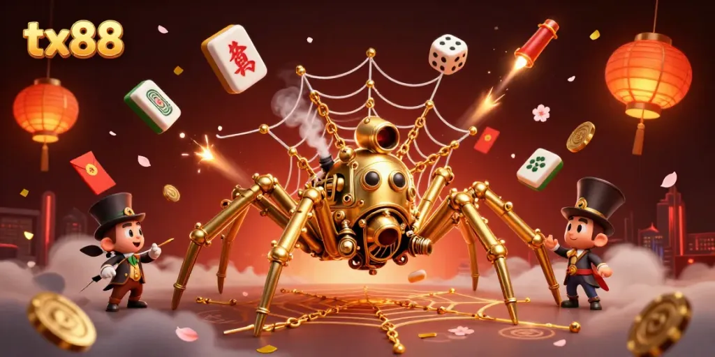 Engage with thrilling dice games on tx88, a dynamic scene featuring a golden spider and a trap amused Victorian gentleman.