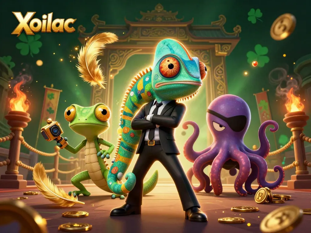 Xoilac features a colorful scene showing a 3D secret agent chameleon and companions engaged in a dynamic digital casino setting.
