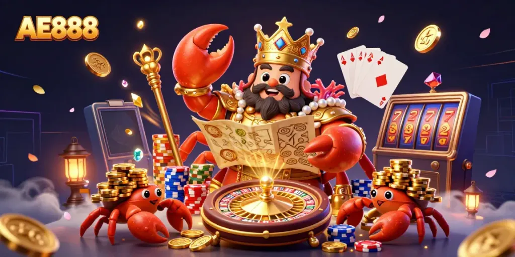 Engage in exciting gaming at AE888 with the crab emperor and golden treasures.