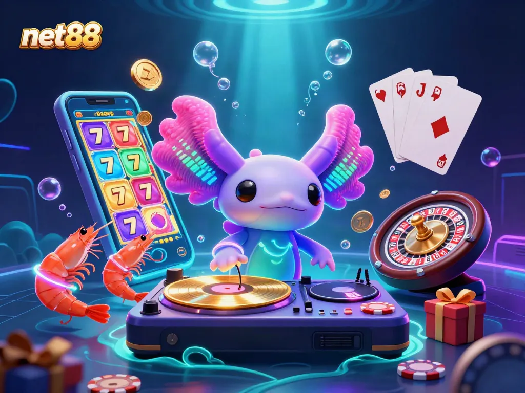 Experience the vibrant net88 gaming world with a neon axolotl DJ spinning slots and winning coins!