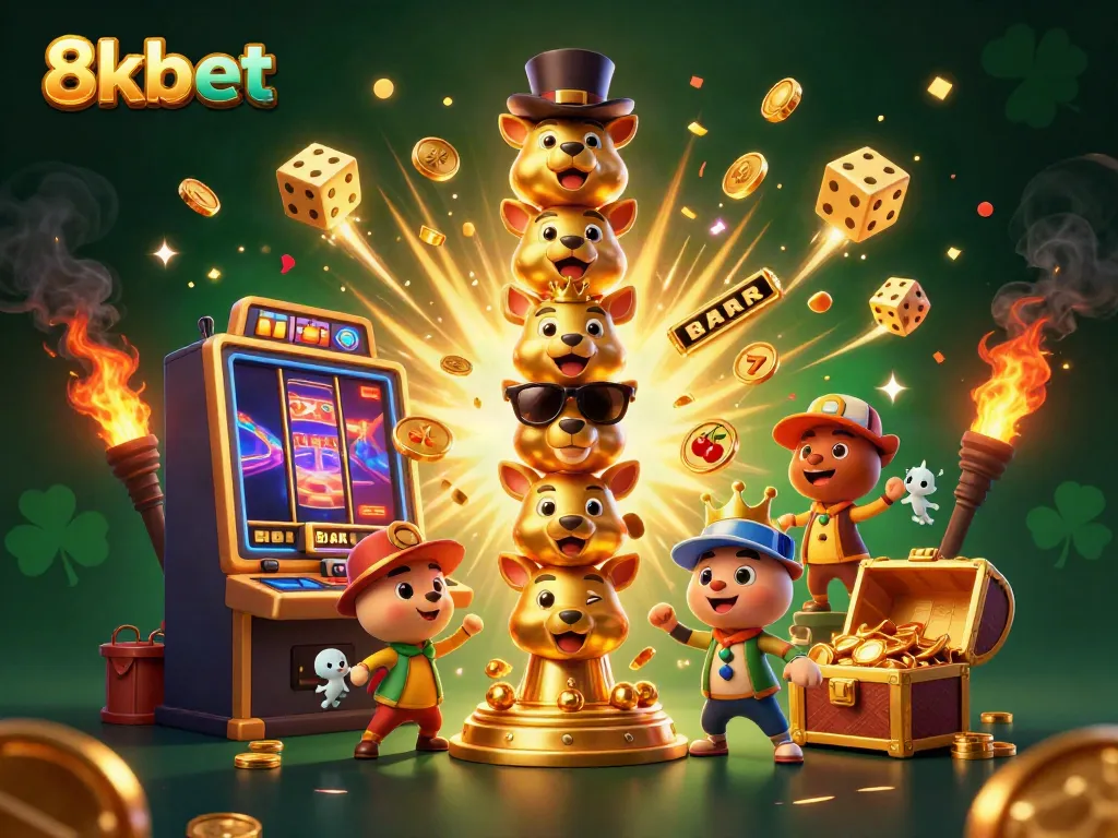 Experience the thrill of winning with 8kbet's vibrant casino scene filled with slot machines and golden treasures.