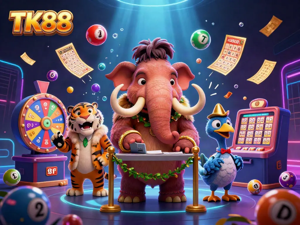 Engage with TK88's vibrant casino scene featuring a whimsical woolly mammoth bouncer and dynamic gaming elements.