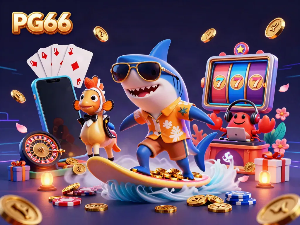 Surf the wave of gold coins with PG66, featuring a cartoon shark and vibrant casino elements.