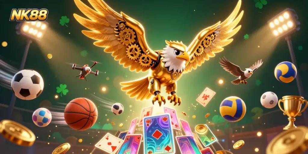 Experience thrilling betting action with NK88's vibrant hero image featuring dynamic sports elements and a cybernetic eagle.