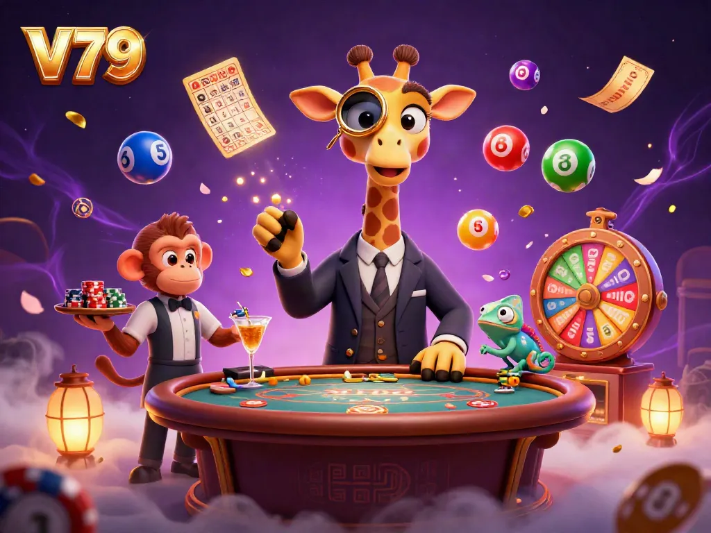 Experience the excitement of V79 with colorful gaming elements and animated characters.