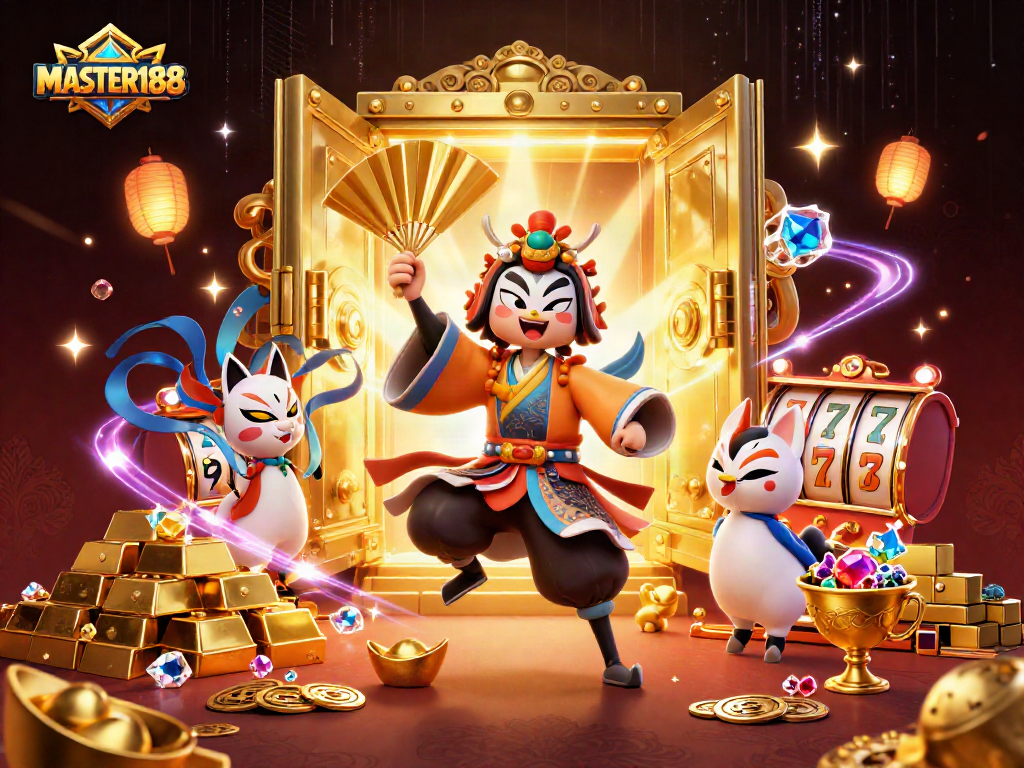 Experience the thrill of MASTER188 with vibrant casino characters and dazzling treasures in action.