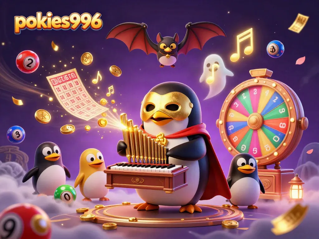 Experience thrill with pokies996 at this vibrant casino scene featuring a penguin playing a golden organ.