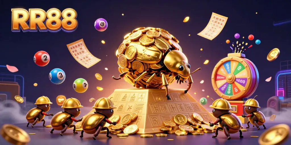 Experience dynamic gaming action at RR88 with golden coins, vibrant lottery balls, and engaging symbols.