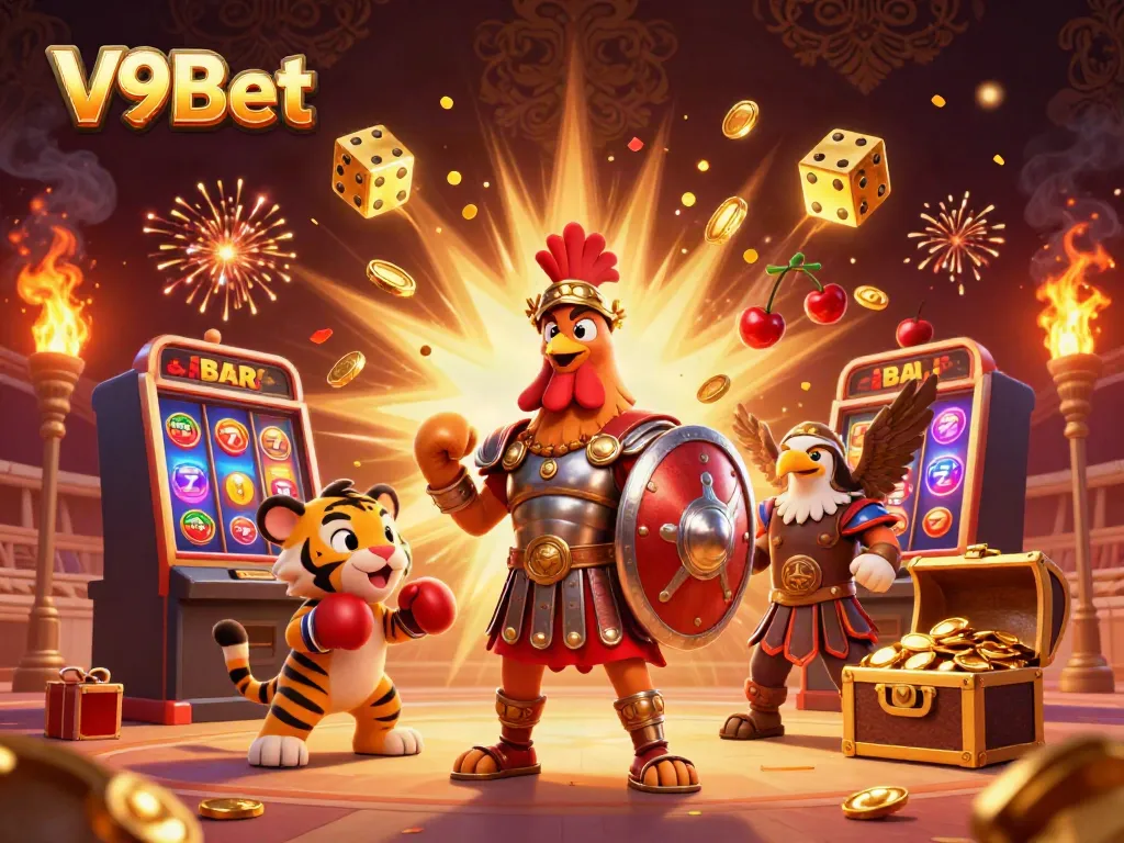 Experience the thrilling world of V9Bet with a 3D gladiator rooster, slot machines, and sparkling gold coins.