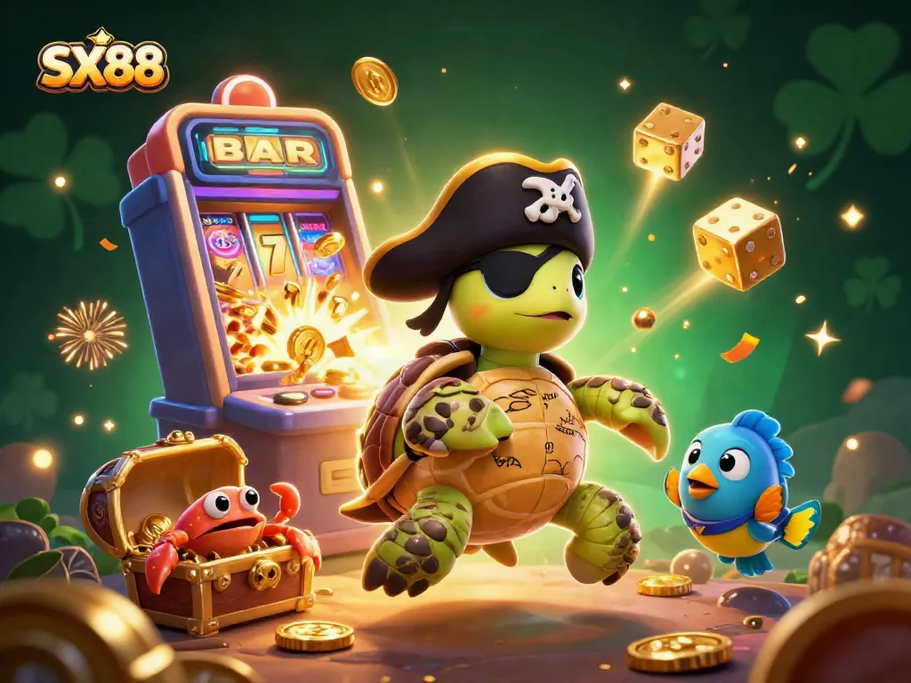 SX88 engaging in a thrilling slot machine jackpot celebration with vibrant characters and casino elements.