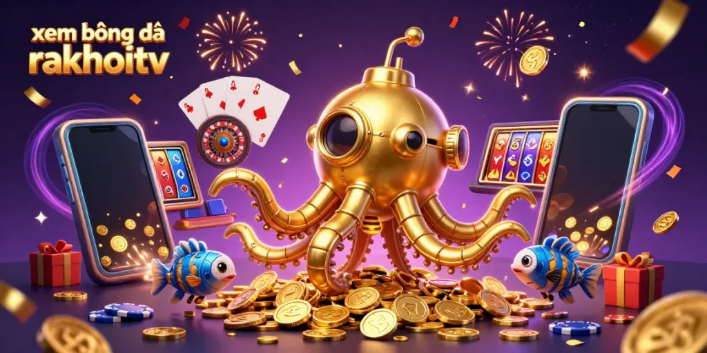 Experience xem bóng đá rakhoitv with a vibrant 3D illustration of a kraken submarine and dynamic slot game elements.