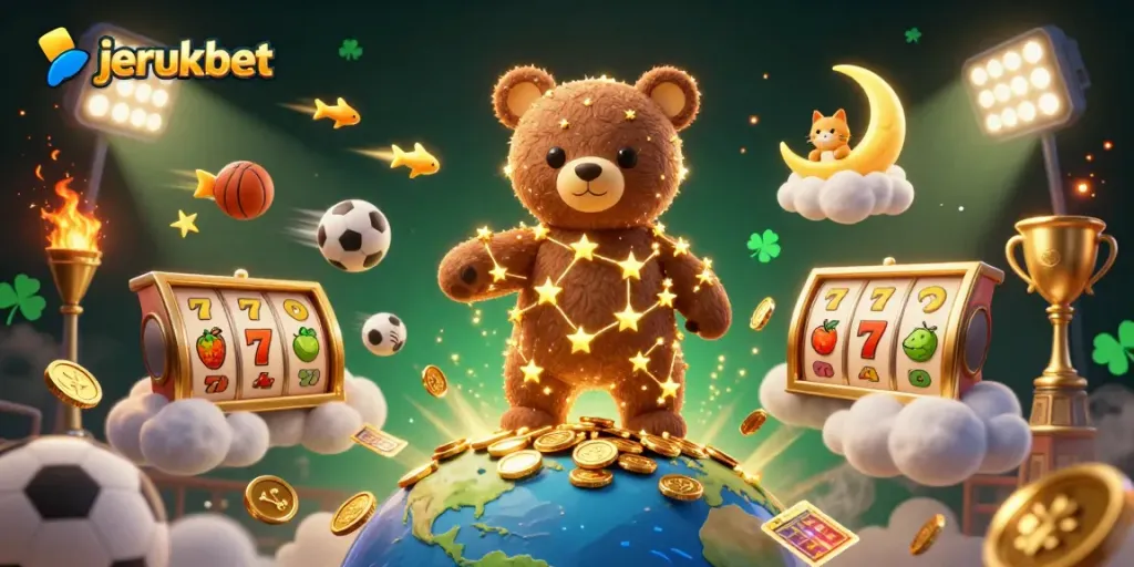 Menggandeng jerukbet, karakter teddy bear bintang menciptakan momen menggembirakan dengan simbol slot dan koin emas.