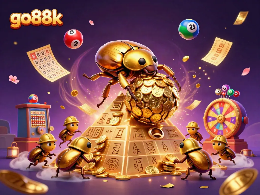Unleash winnings with go88k as a golden dung beetle rolls coins in a vibrant casino scene.