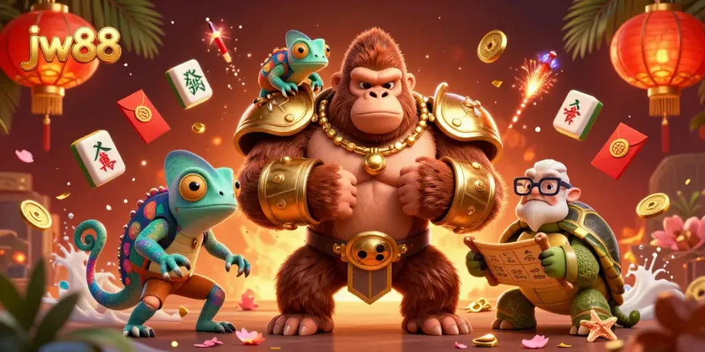 Engage with jw88's vibrant casino environment featuring a cartoon gorilla, chameleon, and tortoise!