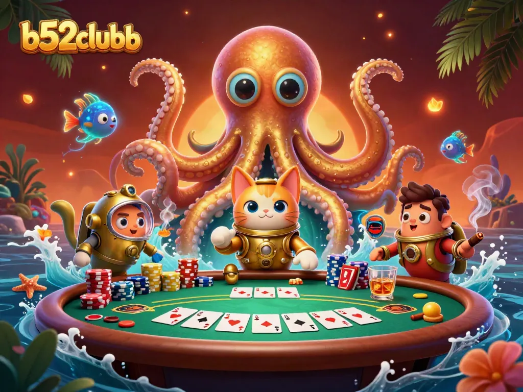 b52clubb players enjoy thrilling casino action with a kraken, diving cat, and poker elements.