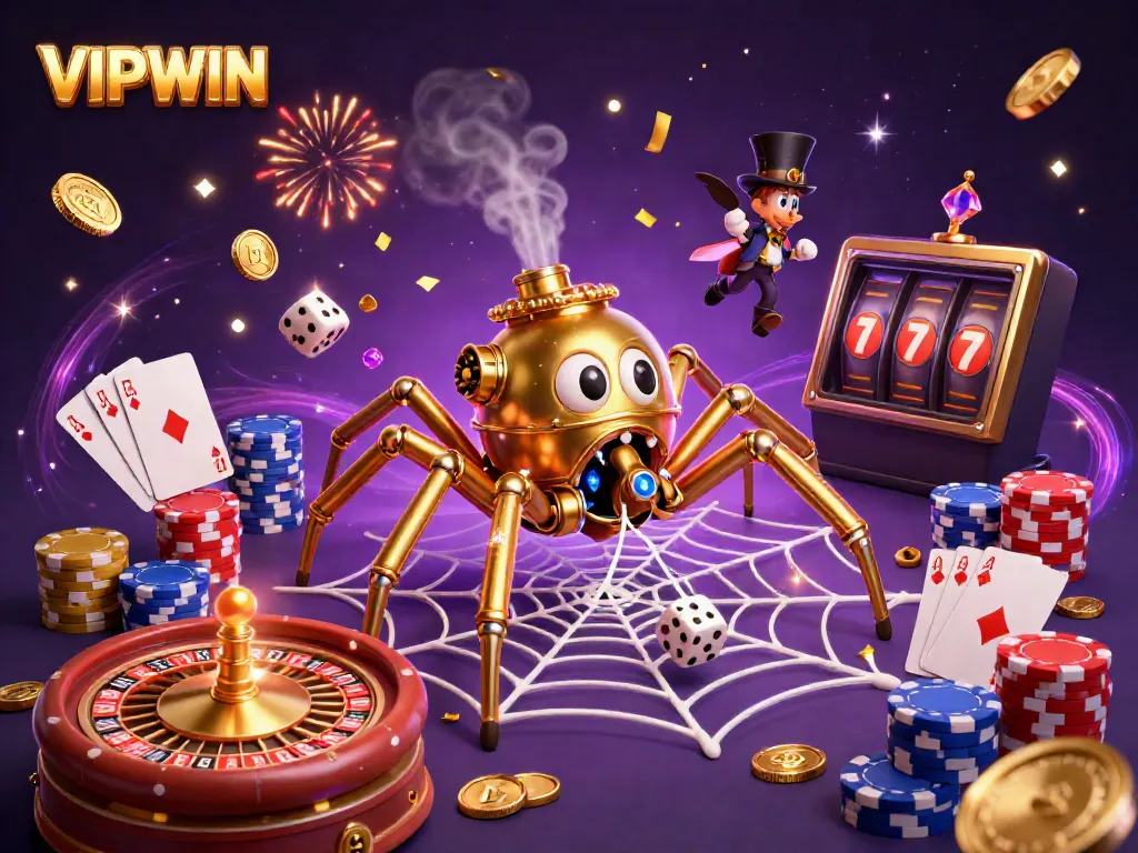 Experience the excitement of gaming at VIPWIN with a vibrant 3D casino illustration and captivating characters.