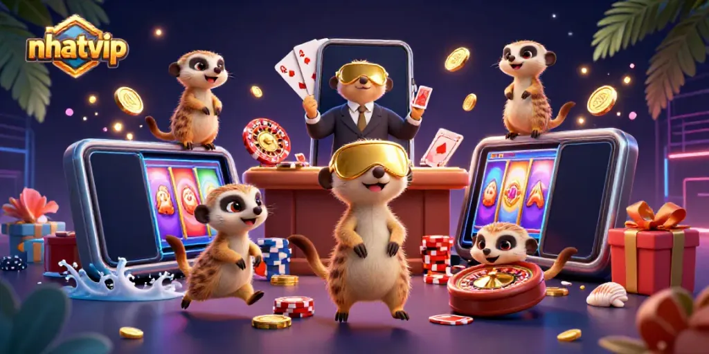 Experience the excitement of nhatvip with meerkats in a lively casino scene full of games and rewards.