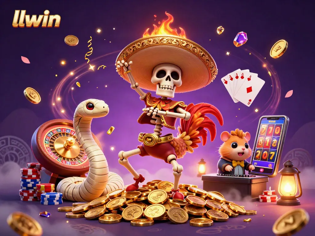 Experience thrilling gaming at llwin with a vibrant illustration of a mariachi rooster celebrating on golden coins.