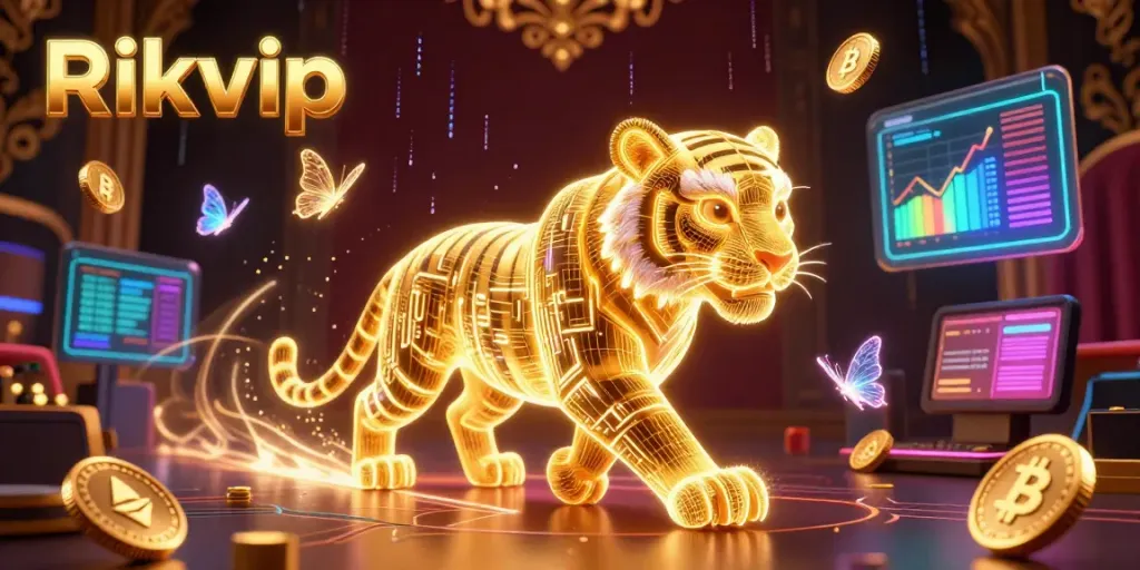 Engage with the thrilling Rikvip casino experience through a vibrant, dynamic 3D illustration showcasing a golden tiger and crypto elements.