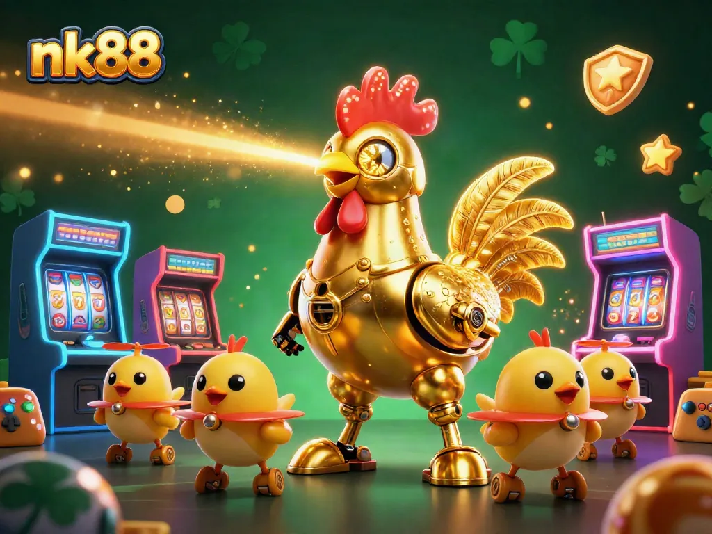 Engage with nk88's vibrant gaming universe as the golden rooster robot commands the scene with thrilling slot action.
